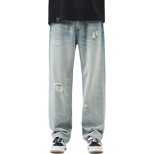 童先森 破洞薄款潮牌宽松直筒阔腿休闲牛仔裤 男款