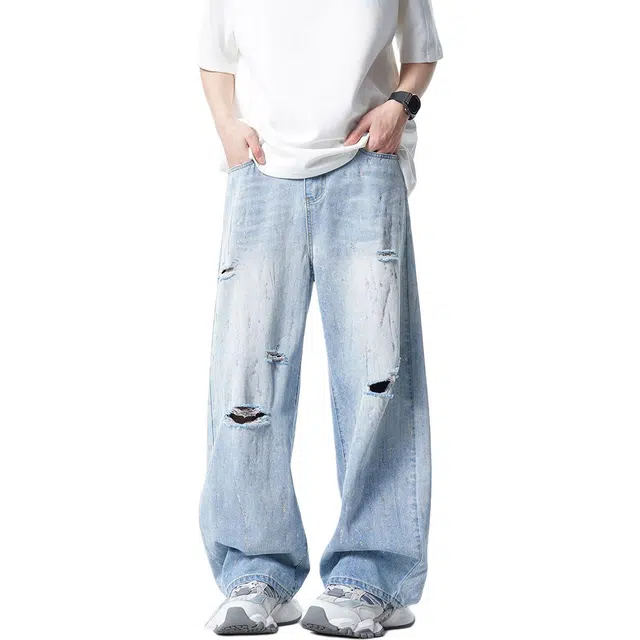 童先森 街头破洞宽松弯刀裤牛仔裤 男款