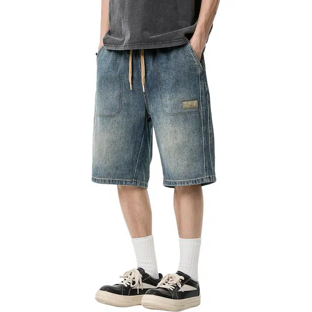 米素力 高端水洗做旧渐变直筒裤中腰牛仔短裤 男款