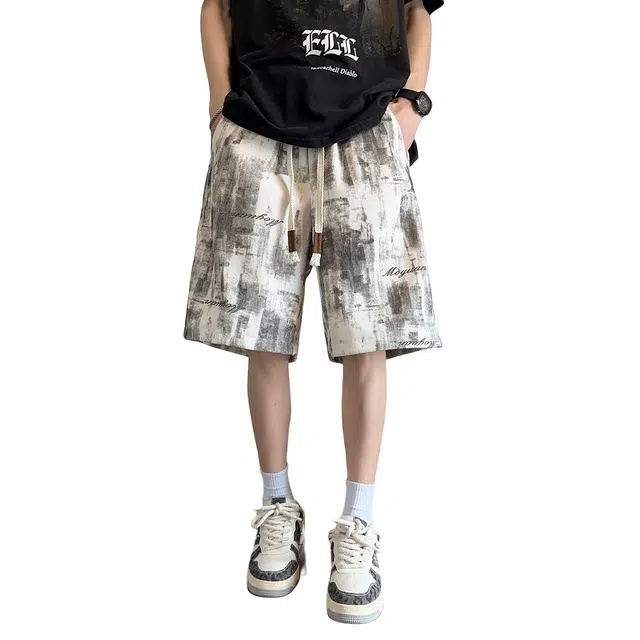 哲源 美式复古高街时尚扎染潮牌小众大码口袋设计宽松简约速干抽绳系带薄款垂感中腰百搭运动五分裤休闲短裤 男女同款