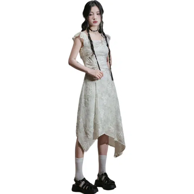 哒头下雨不愁 改良新中式国风气质飞飞袖提花短袖连衣裙 女款