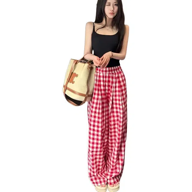 纤丝鸟 格子图案高腰设计宽松透气时尚舒适百搭休闲裤 女款