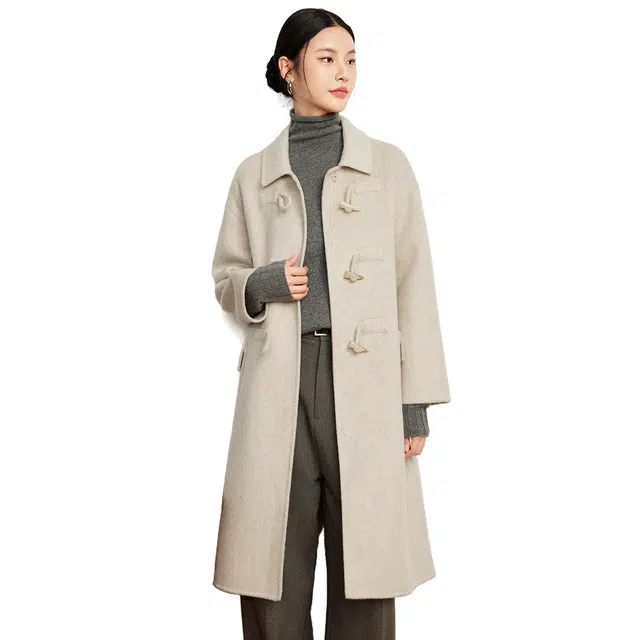 富铤 纯色翻领牛角扣简约气质双面呢大衣 女款