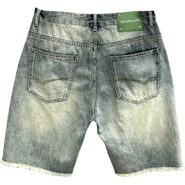 半空山 美式复古做旧毛边宽松直筒潮流破洞牛仔短裤 男女同款