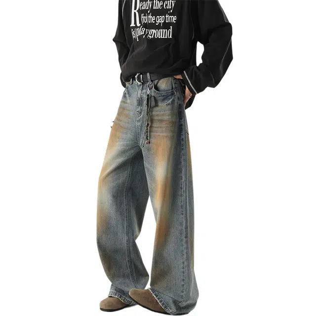 物质公式 潮牌美式高街复古顶男破洞水洗做旧废土风脏脏裤渐变百搭日常通勤宽松休闲潮流小众设计垂感拖地阔腿微喇牛仔裤 男女同款