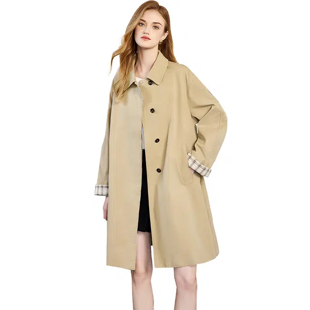 她池 中长款简约宽松休闲工装风风衣 女款 卡其色