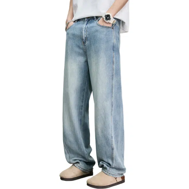 隐狼世家 天丝男夏季薄款凉感休闲裤男士宽松阔腿垂感直筒裤牛仔裤 男款