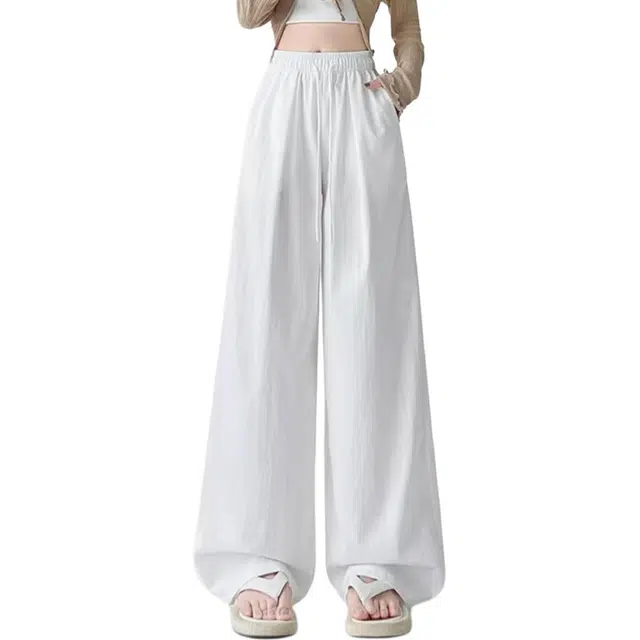 帝狼牛 肌理感奶芙高腰百搭阔腿山本裤 简约基础款复古透气宽松冰丝垂感休闲裤 女款