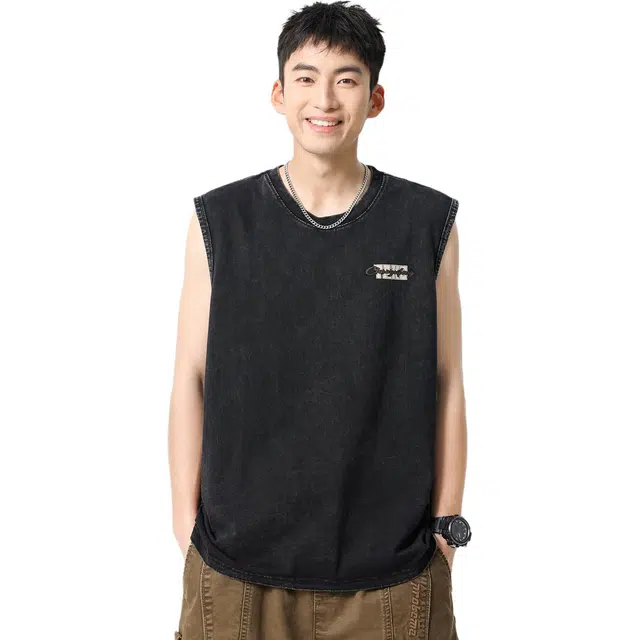 米素力 水洗做旧无袖高级感英文圆领背心 男款