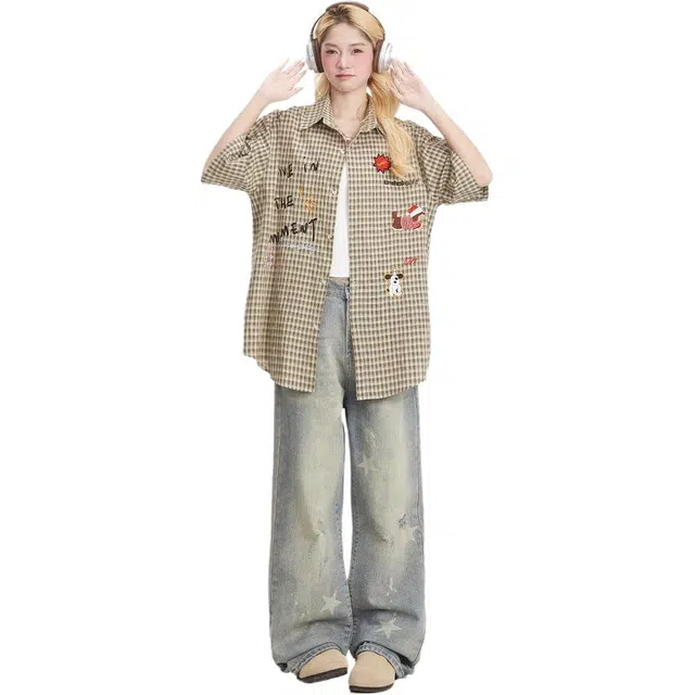 木清清 美式复古宽松直筒水洗做旧阔腿裤牛仔裤 女款