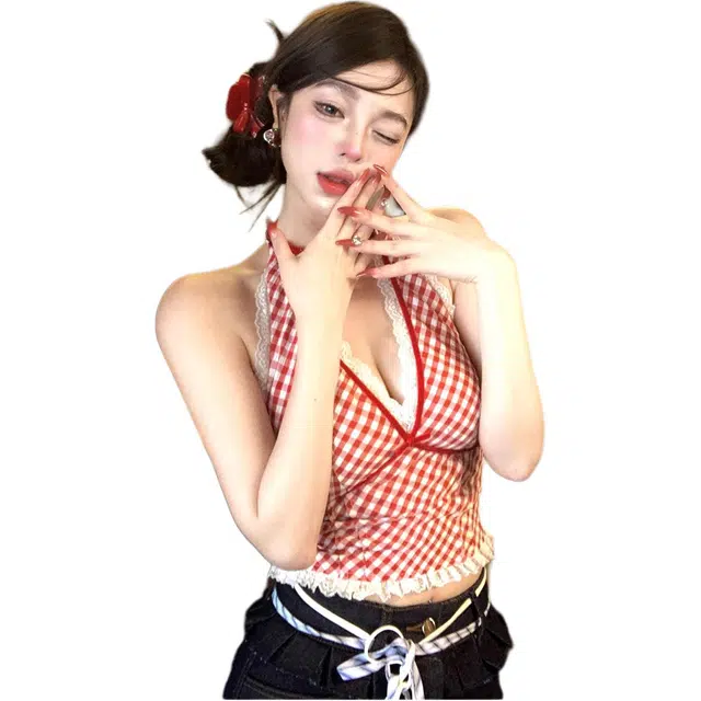 小卷要加油 小众格子背心夏季拼接蕾丝内搭性感挂脖辣妹上衣吊带 女款