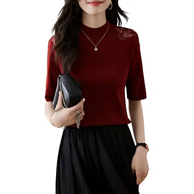 曲韩 半高领拼接纯色打底衫针织衫 女款