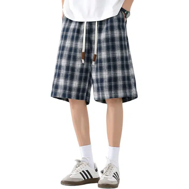 童先森 夏季薄款复古美式高街格子痞帅直筒宽松五分休闲短裤 男款