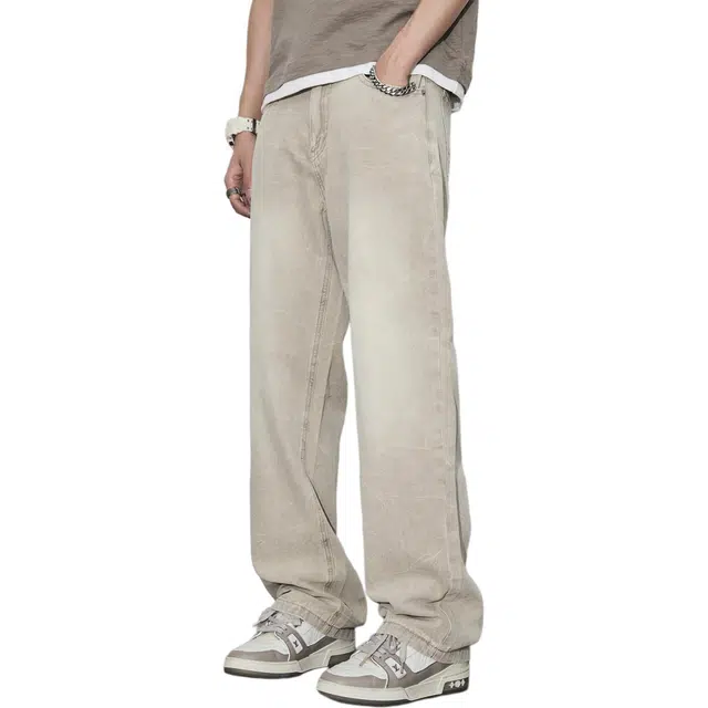 隐狼世家 纯棉美式复古卡其色宽松中腰长裤牛仔裤 男款