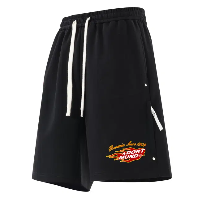 普鲁士多特蒙德 美式复古街头简约侧边拉链设计火焰燃烧字母印花宽松舒适百搭时尚潮流通勤透气凉感吸湿排汗速干运动五分短裤 男女同款