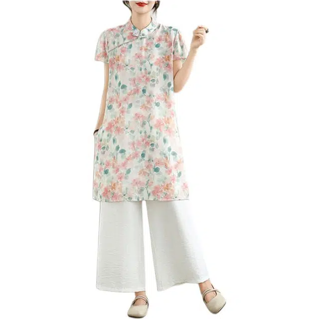 丝絮丝绸 新中式国风宽松印花上衣阔腿裤休闲套装 女款