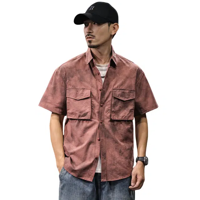 路杰邦 美式高端潮牌薄款宽松大码扎染帅气双口袋衬衣服短袖衬衫 男款