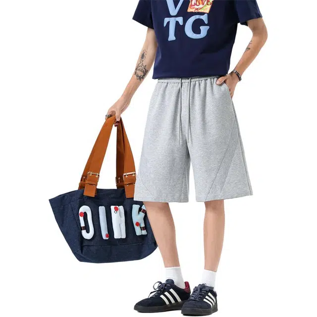 顶峰保罗 冰丝透气拼接凉感舒适直筒五分裤美式复古潮流宽松小众运动百搭大码阔腿休闲短裤 男女同款