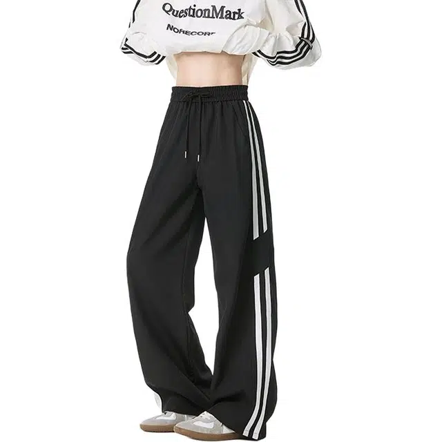 童先森 美式高街条纹拼接阔腿设计感运动长裤休闲裤 男款