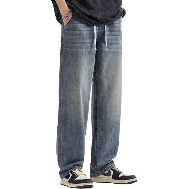 宝米卡 刺绣直筒阔腿宽松休闲拖地裤垂坠感长裤潮牛仔裤 男女同款