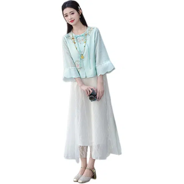 丝絮丝绸 新中式汉服圆领国风刺绣裙装套装 女款