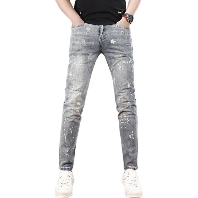 吉肯蒂 薄款潮流时尚印花修身弹力小脚长裤牛仔裤 男款