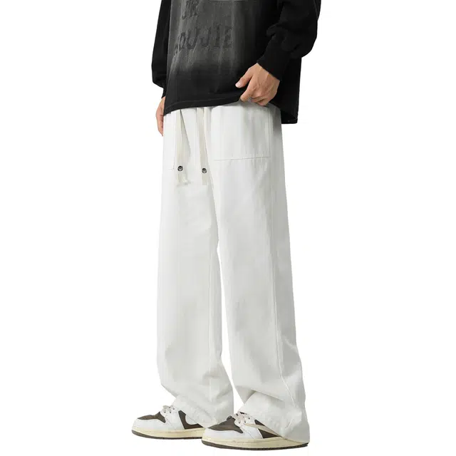 吾皇猫 美式复古高街基础款简约纯棉工装长裤纯色系带直筒宽松阔腿休闲裤 男女同款