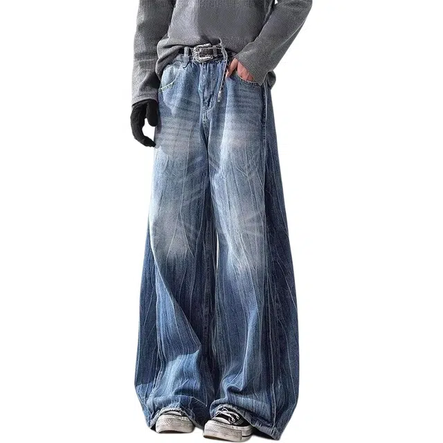 宝米卡 美式水洗怀旧阔腿高街潮牌直筒宽松休闲裤春秋牛仔裤 男女同款