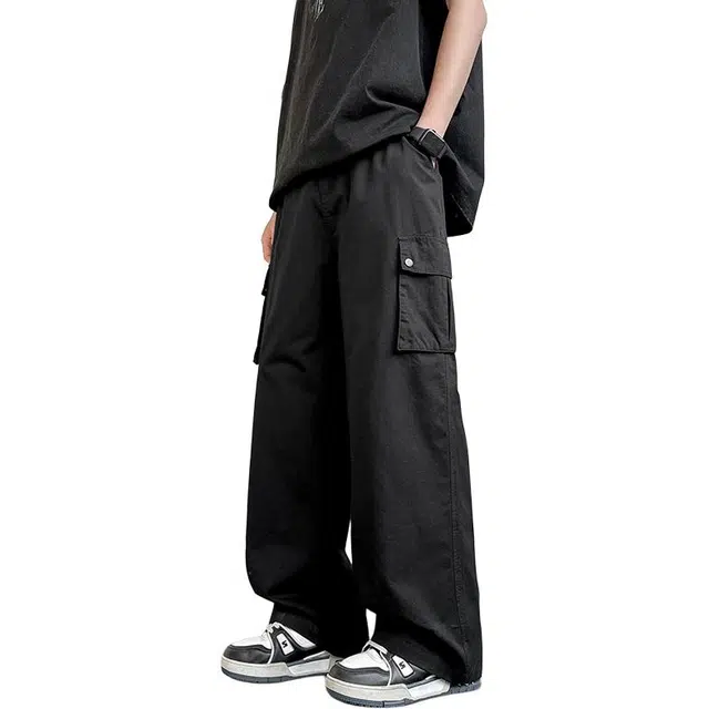 协协乐 美式高街纯棉潮牌春秋纯色宽松直筒阔腿垂感褶皱设计感百搭休闲裤 男款