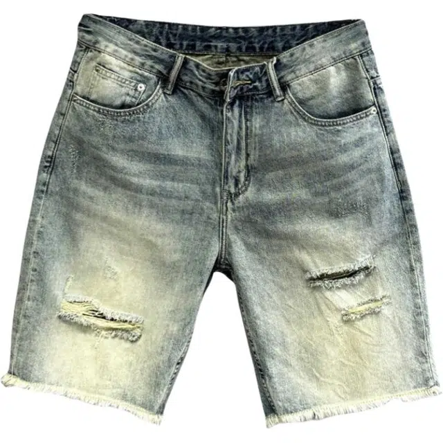 半空山 美式复古做旧毛边宽松直筒潮流破洞牛仔短裤 男女同款