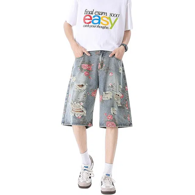 童先森 美式高街花卉破洞五分裤裤子玫瑰满印直筒牛仔短裤 男款