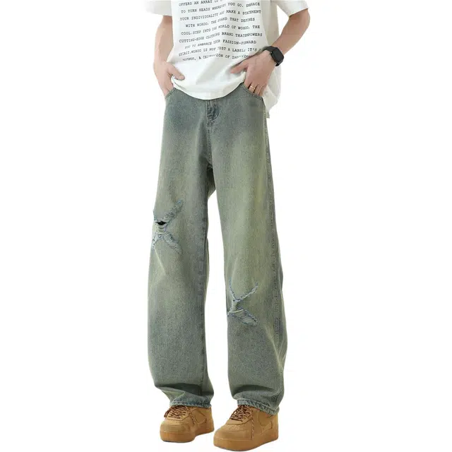 宝米卡 水洗破洞垂感长直筒裤潮款美式高街百搭牛仔裤 男女同款