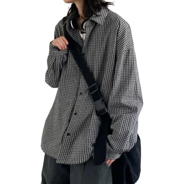 冈哉 美式简约格子拼接设计复古高街舒适时尚宽松透气柔软亲肤百搭休闲运动翻领落肩长袖衬衫 男女同款