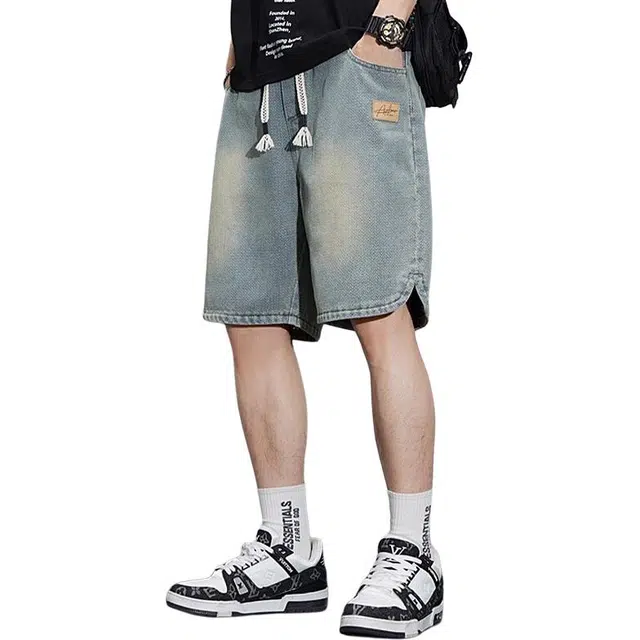 童先森 美式潮牌休闲五分潮流设计感牛仔短裤 男款