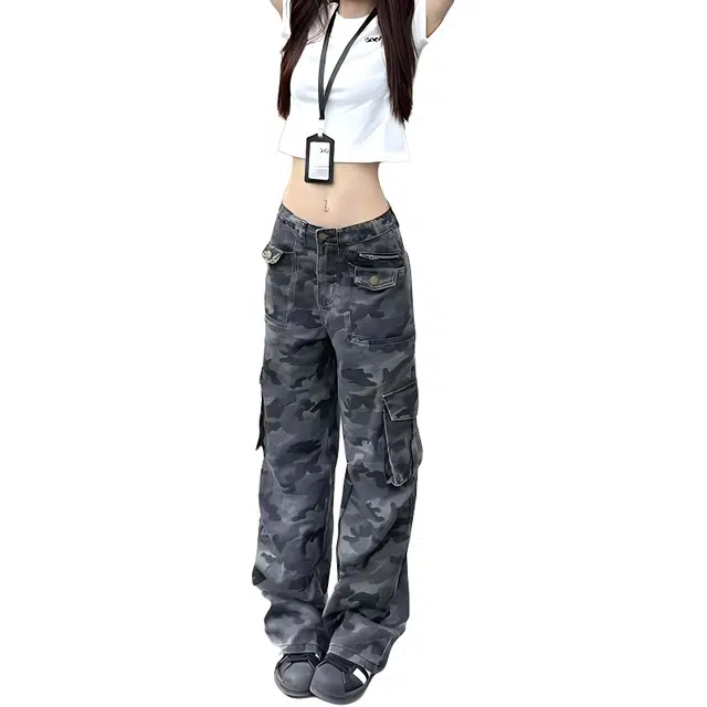 淑好百 多口袋设计感宽松阔腿美式迷彩牛仔裤女夏季高腰显瘦宽松酷飒辣妹街头风阔腿裤工装裤 女款
