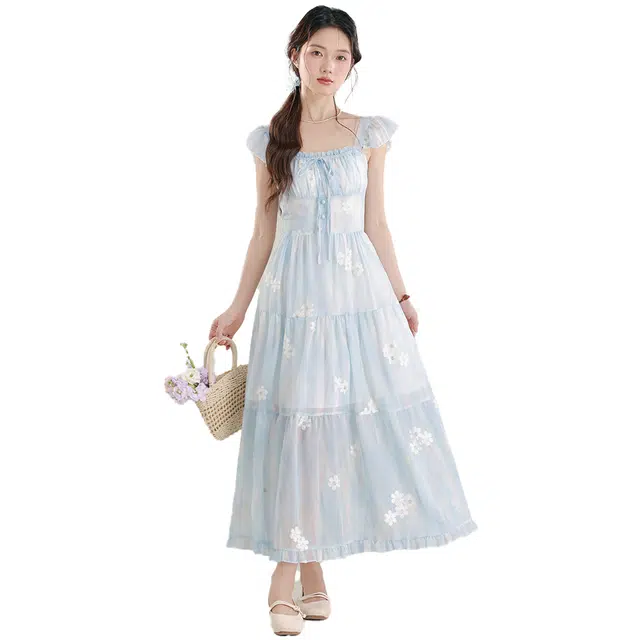 丝絮丝绸 雪纺印花小飞袖夏季法式海边度假气质甜美显瘦短袖连衣裙 女款