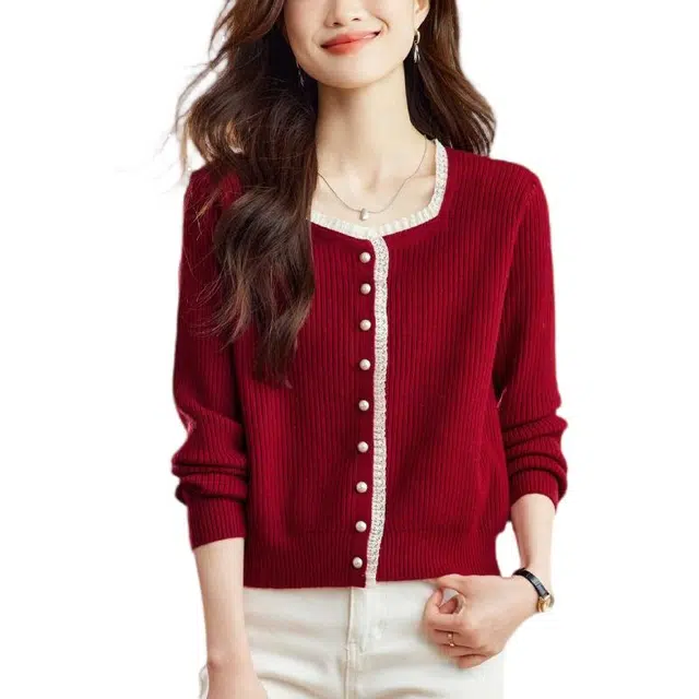 曲韩 曲韩  小香风蕾丝边方领女针织衫 女款