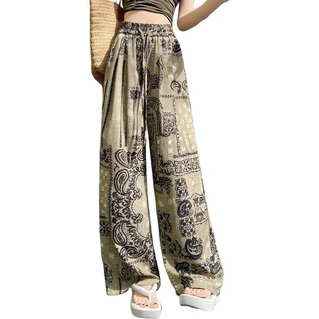 纤丝鸟 复古印花宽松高腰阔腿垂坠透气舒适休闲裤 女款