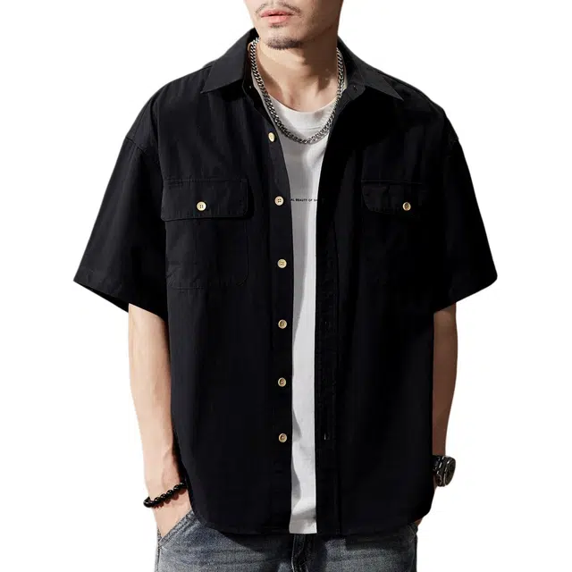 贵色 户外百搭翻领山系叠穿休闲痞帅美式重磅高街复古多口袋潮牌工装宽松型纯色短袖衬衫 男女同款