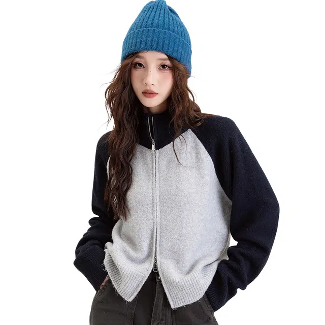 红蜻蜓 立领双拉链撞色针织衫 女款