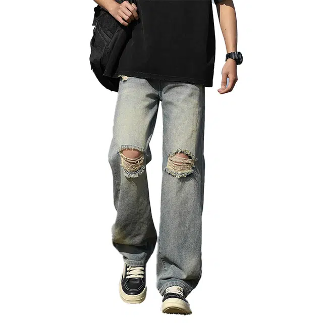 极限涡轮 美式高街破洞做旧潮牌宽松阔腿长裤牛仔裤 男女同款 复古蓝