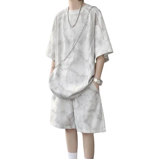 加荣 美式高街扎染男夏季轻薄透气潮牌青少年户外出行百搭宽松小众设计感痞帅撞色短袖短裤两件套休闲运动套装 男女同款