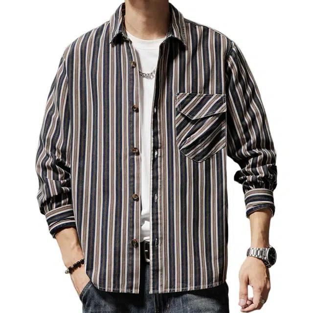 贵色 多口袋大码水洗纯棉雅痞外套潮日系时尚痞帅小众撞色条纹潮流长袖衬衫 男女同款