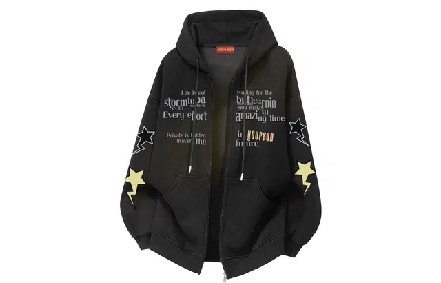 宜而爽 美式高街复古潮牌星星字母印花宽松舒适休闲抽绳落肩日常通勤百搭运动拉链长袖连帽开衫卫衣 男女同款