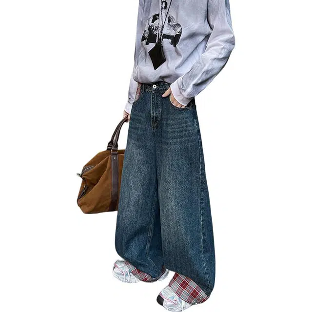 沃马 美式复古格纹拼接卷边直筒日常宽松百搭牛仔裤 男女同款