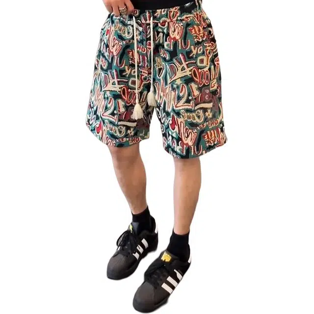 单爵 夏威夷名族风针织设计感涂鸦运动沙滩裤子直筒五分裤休闲短裤 男女同款