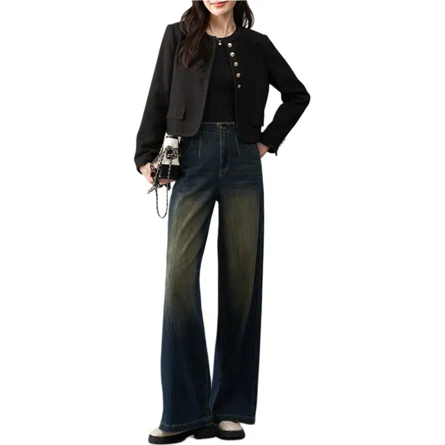 娅丽达 时尚休闲百搭宽松舒适简约阔腿牛仔裤 女款 复古蓝