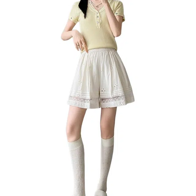 纤丝鸟 韩版时尚蕾丝拼接阔腿高腰显瘦百搭休闲短裤 女款