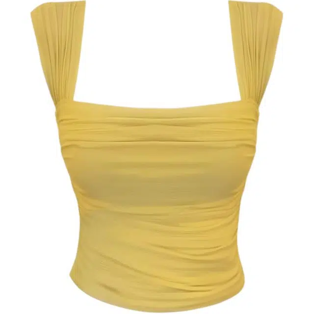 小卷要加油 纯欲风弹力修身方领网纱背心女春夏辣妹显瘦抽褶短款裹胸上衣吊带 女款