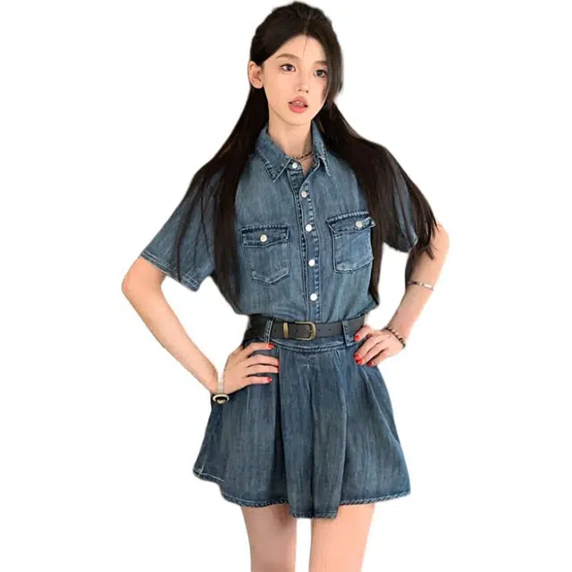 雾闪闪 复古港风休闲翻领牛仔短袖上衣高腰百褶半身裙两件套裙装套装 女款